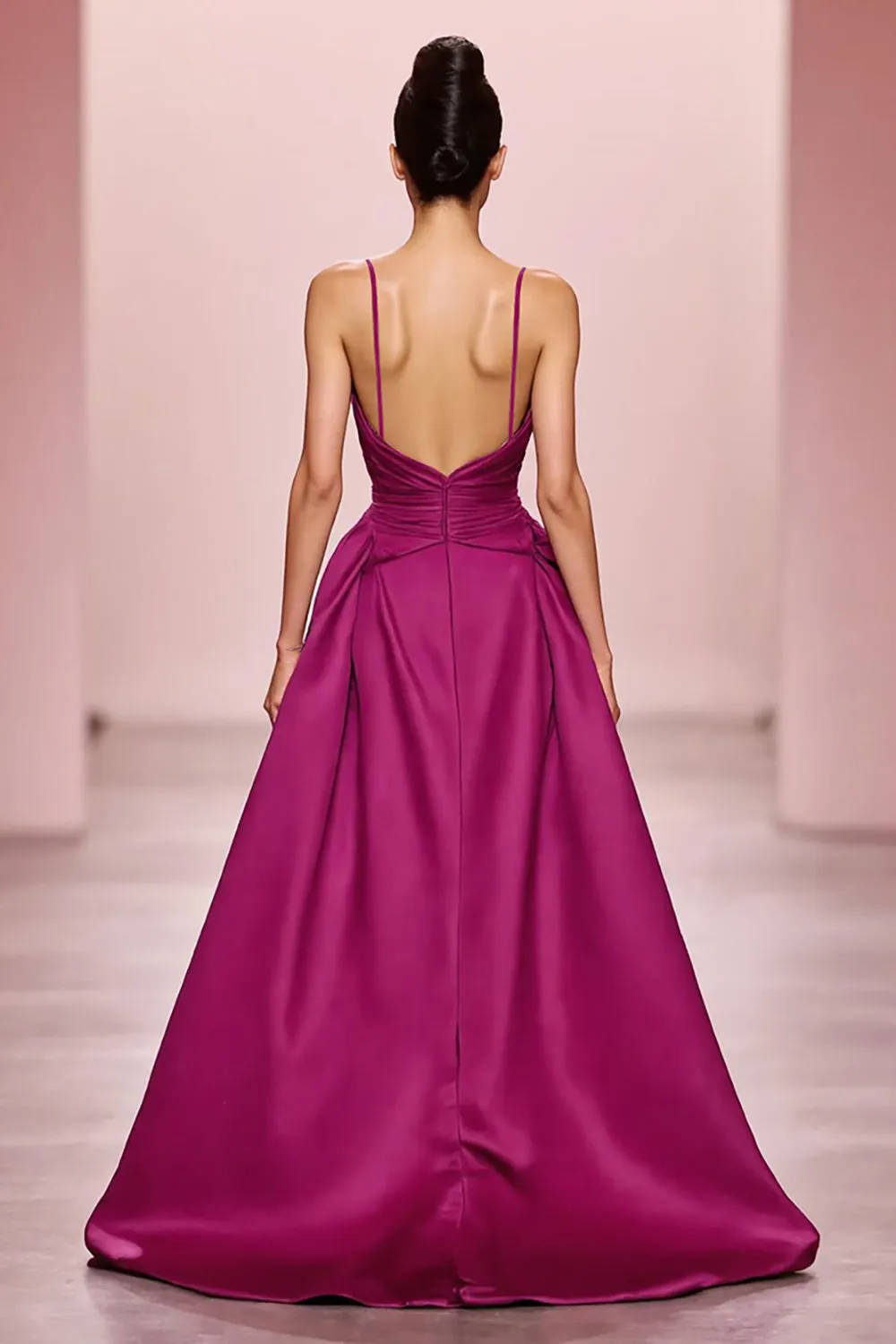 Fuchsia Satin A Line Ruched Spaghetti Straps Long Evening Dress sold by Zapaka product image thumbnail 2