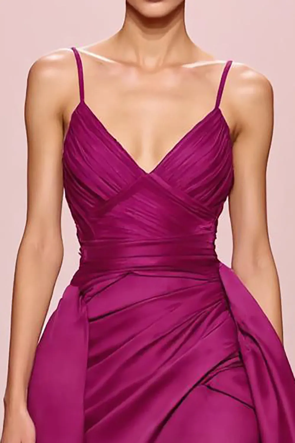 Fuchsia Satin A Line Ruched Spaghetti Straps Long Evening Dress sold by Zapaka product image thumbnail 3