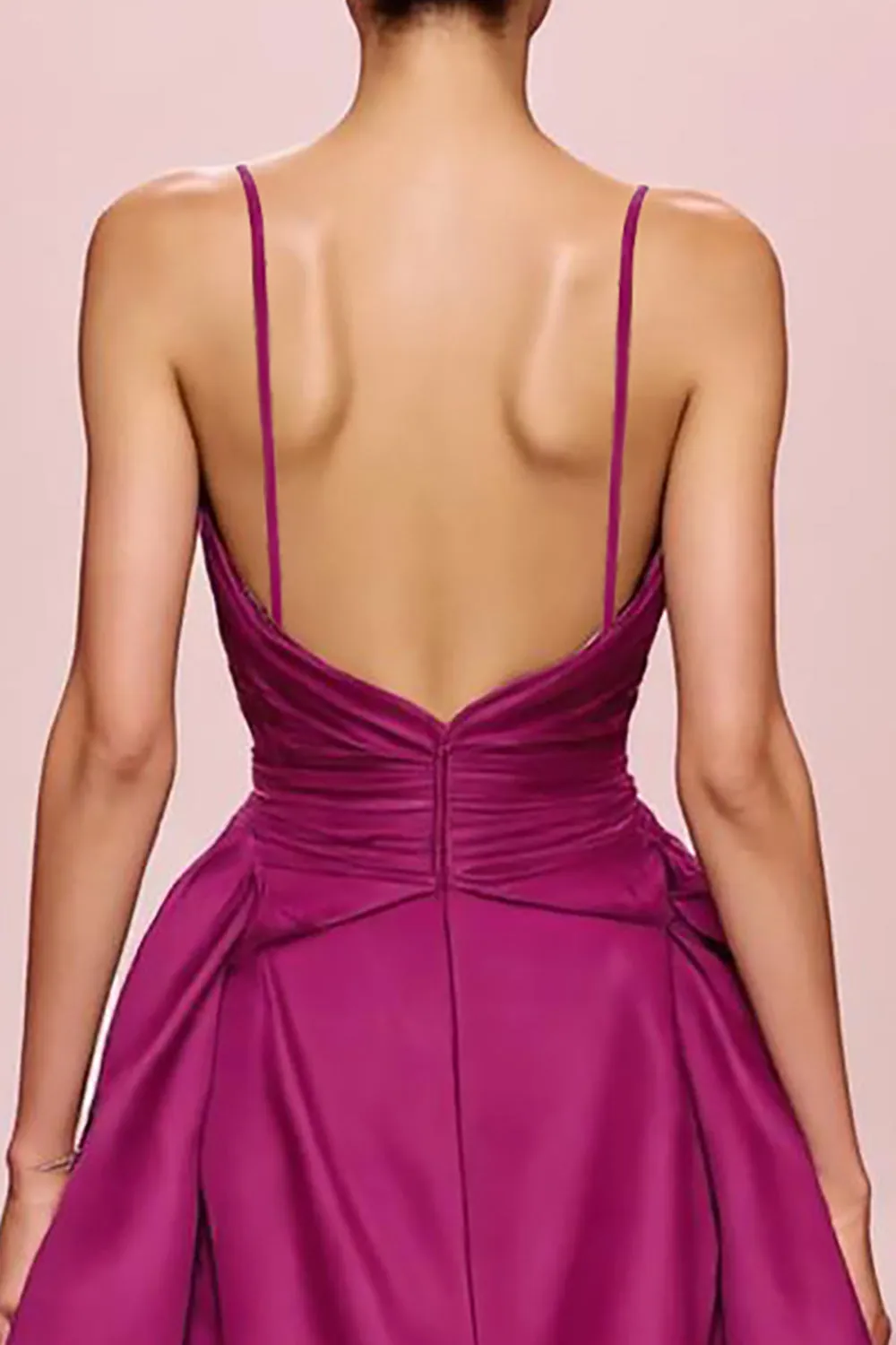 Fuchsia Satin A Line Ruched Spaghetti Straps Long Evening Dress sold by Zapaka product image thumbnail 4