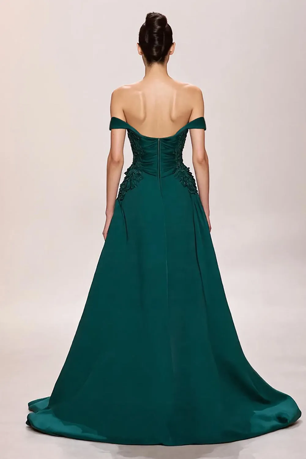 Dark Green Satin A Line Long Evening Dress With Appliques sold by Zapaka product image thumbnail 2