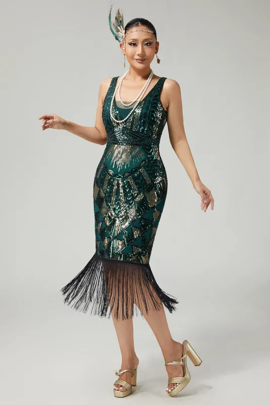 Bodycon Sequined Fringed Dark Green Sleeveless 1920s Dress sold by Zapaka