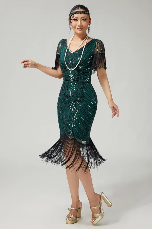 Dark Green Sequined Bodycon Fringed 1920s Dress With Short Sleeves sold by Zapaka