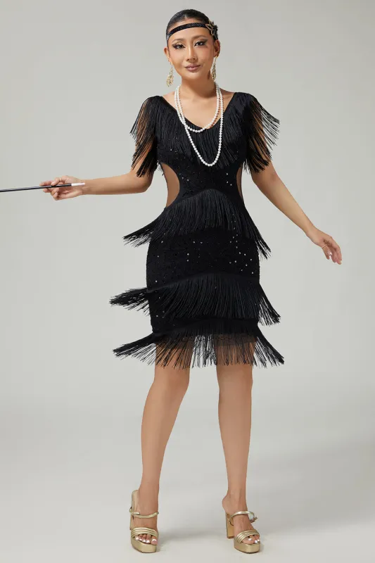 V-Neck Black Tiered Fringed Cut-Out 1920s Dress With Sequins sold by Zapaka