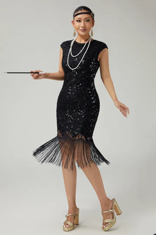 Black Sequined Bodycon Fringed 1920s Dress sold by Zapaka