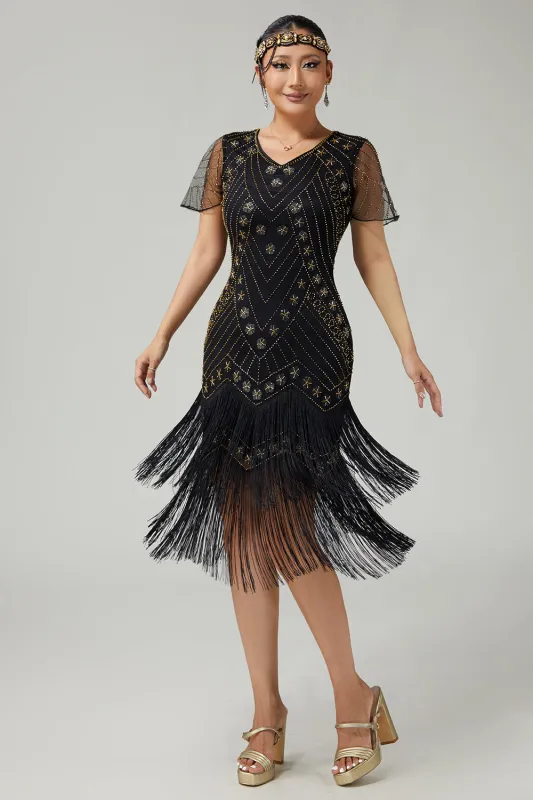 Black Golden Riered Fringed 1920s Dress With Beading sold by Zapaka