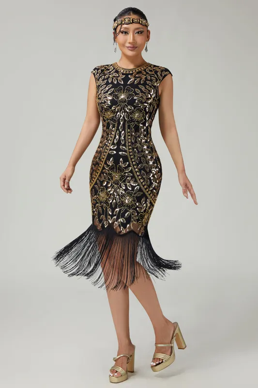 Fringed Sequined Bodycon Black Golden 1920s Dress sold by Zapaka