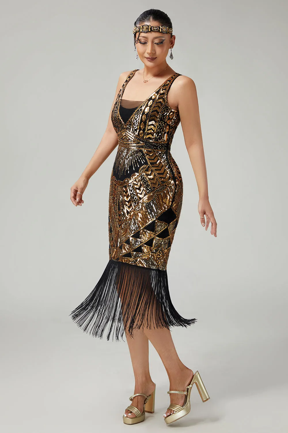 Black Golden Sequined 1920s Dress With Fringes sold by Zapaka product image thumbnail 5