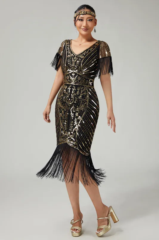 Black Golden V-Neck 1920s Dress With Sequins and Fringes sold by Zapaka
