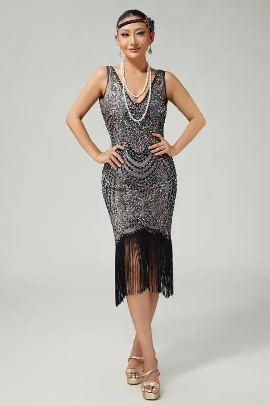 Black Apricot Fringed Bodycon 1920s Dress With Sequins sold by Zapaka