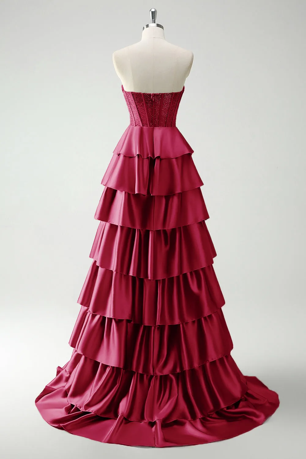 Burgundy Princess Sweetheart Beaded Tiered Corset Long Prom Dress with Slit sold by Zapaka product image thumbnail 2