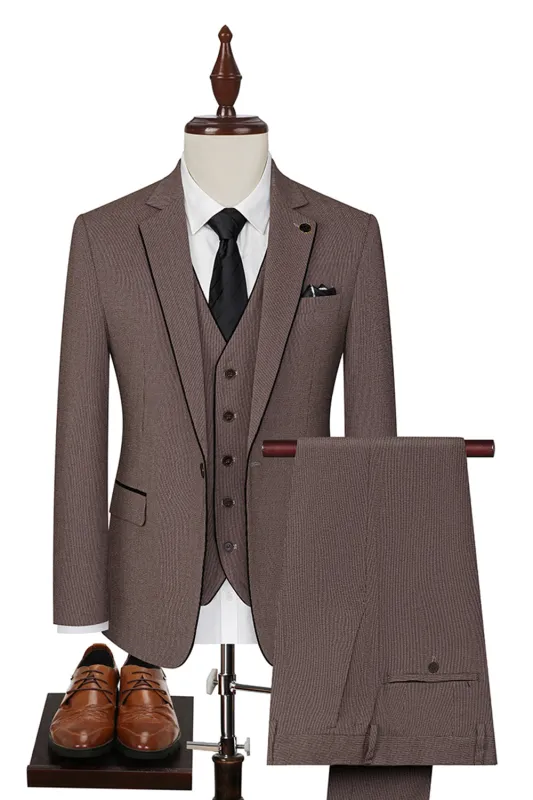 Taupe 3 Piece Slim Fit Notched Lapel One Button Men's Formal Suits sold by Zapaka
