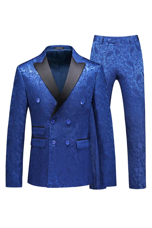 Peak Lapel Jacquard 2 Piece Blue Double Breasted Men's Suits sold by Zapaka