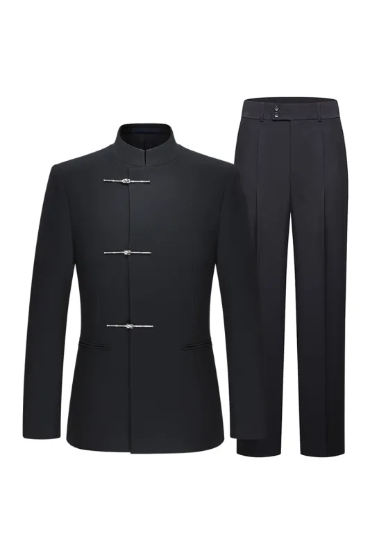 Black Slim Fit Men's 2 Piece Mandarin Collar Suit sold by Zapaka