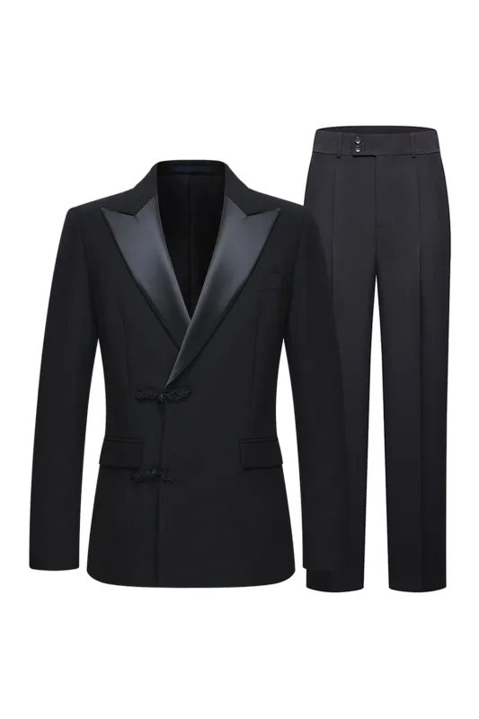 Slim Fit Peak Lapel 2 Piece Men's Black Suits sold by Zapaka