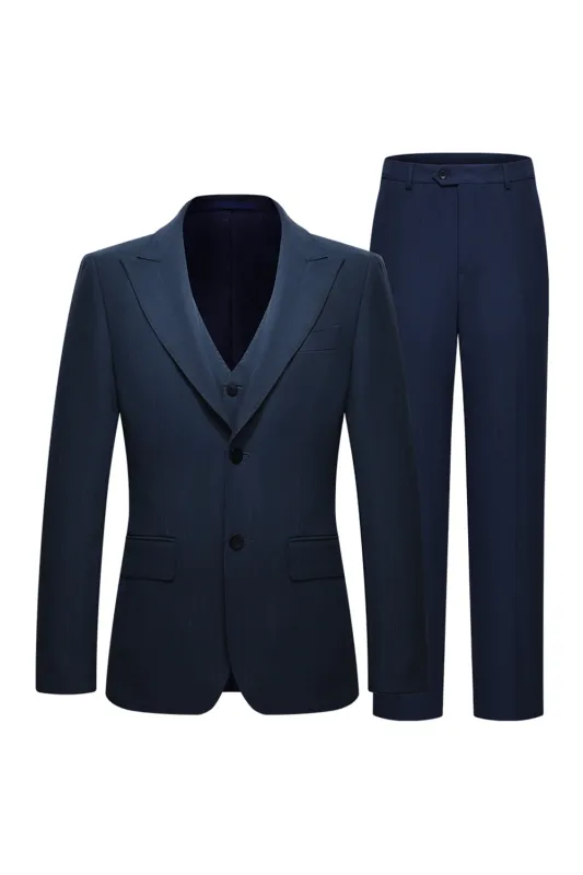 3 Piece Single Breasted Slim Fit Peak Lapel Men's Navy Suits sold by Zapaka
