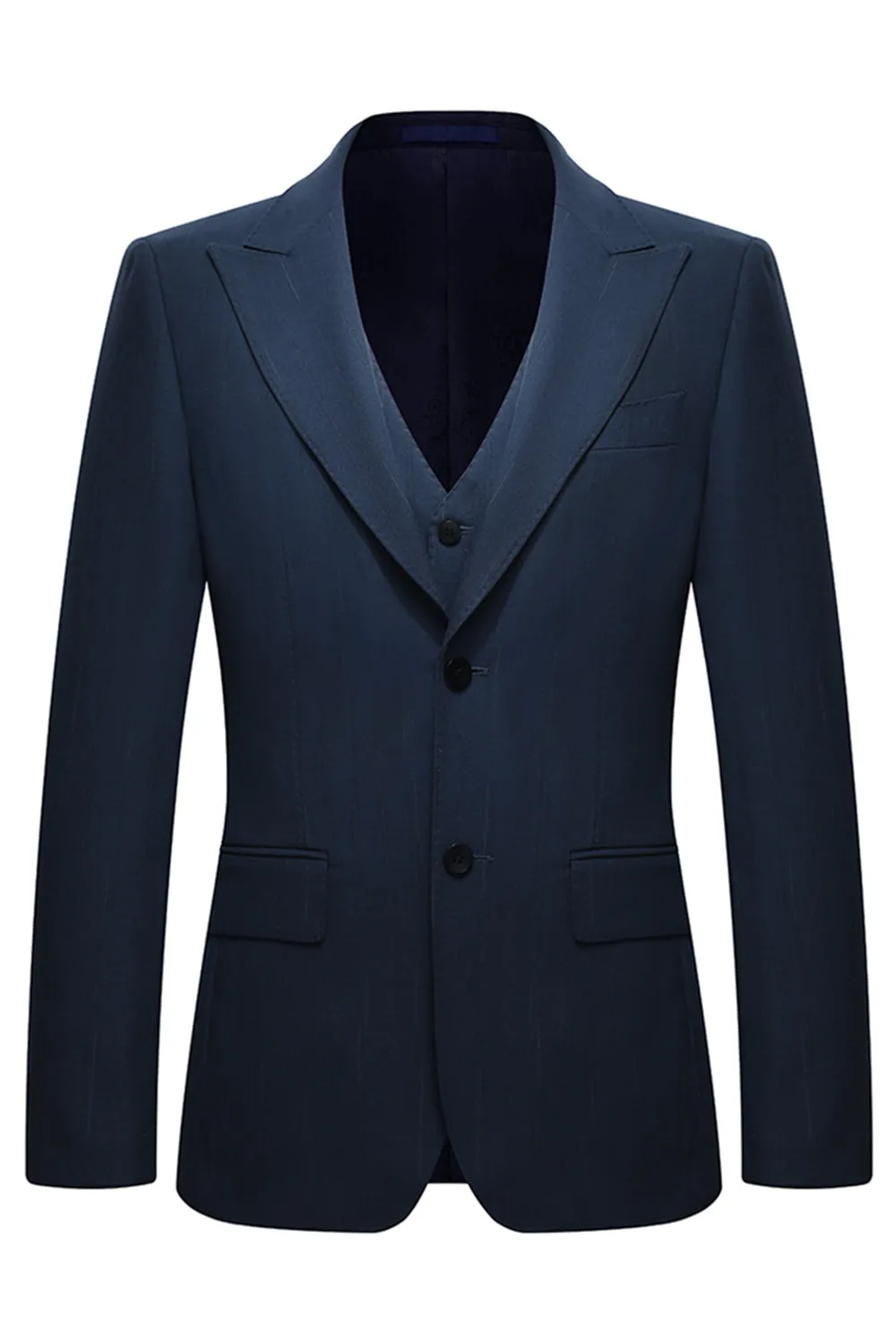3 Piece Single Breasted Slim Fit Peak Lapel Men's Navy Suits sold by Zapaka product image thumbnail 2