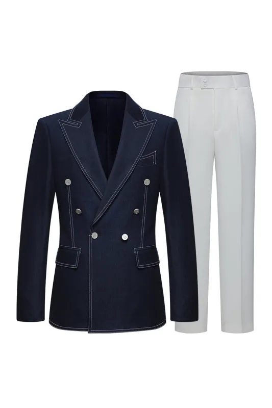 Dark Blue Double Breasted Peak Lapel Tailored 2 Piece Men's Suits sold by Zapaka
