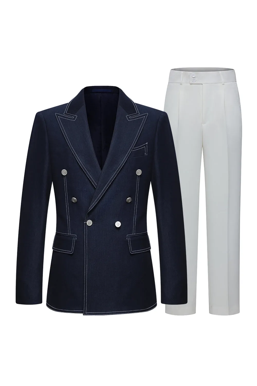 Dark Blue Double Breasted Peak Lapel Tailored 2 Piece Men's Suits sold by Zapaka