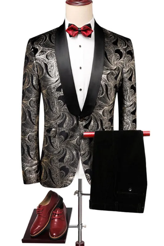Black Silver Shawl Lapel Printed Men's Suits sold by Zapaka