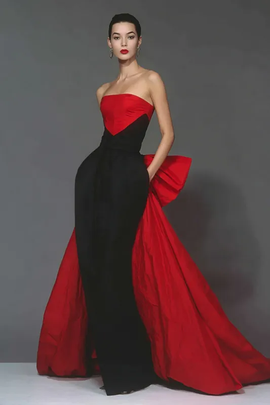 Strapless Black and Red Mermaid Formal Dress with Bow sold by Zapaka