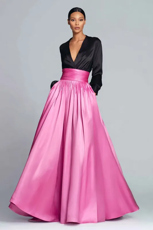 Black and Fuchsia V-Neck A Line Formal Dress with Long Sleeve sold by Zapaka