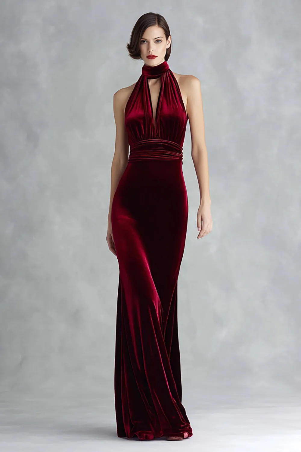 Burgundy Velvet Halter Keyhole Long Formal Dress sold by Zapaka