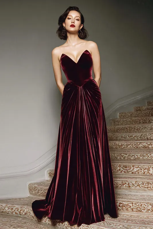Burgundy A Line Sweetheart Long Velvet Formal Dress sold by Zapaka