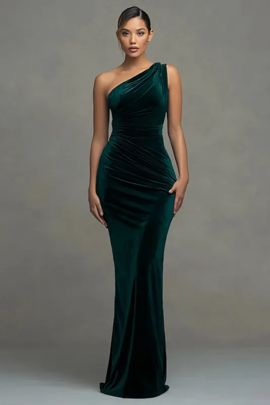 Dark Green Velvet Mermaid One Shoulder Maxi Formal Dress sold by Zapaka