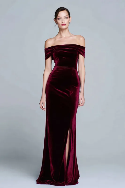 Burgundy Velvet Off the Shoulder Formal Dress with Slit sold by Zapaka