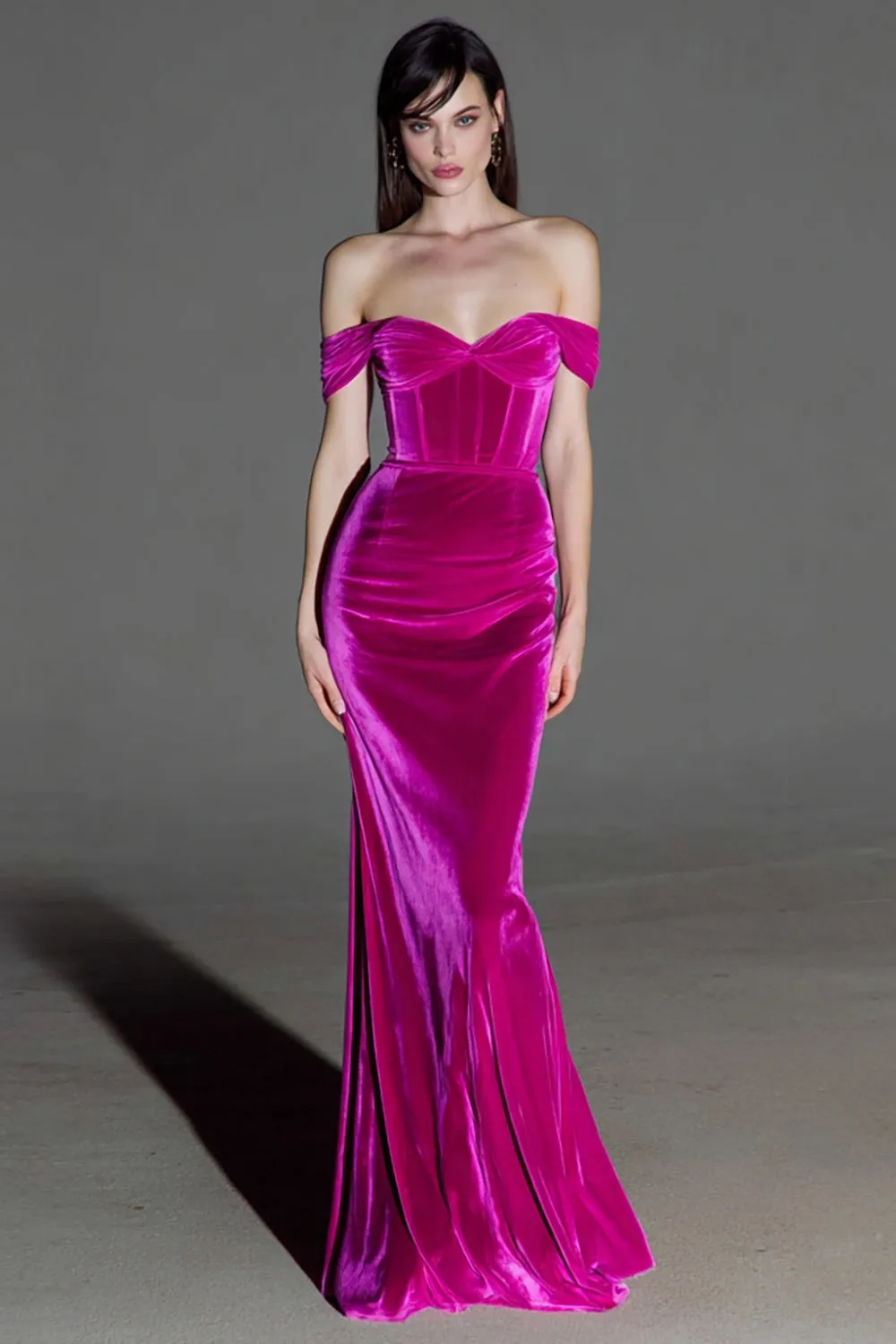 Fuchsia Corset Off the Shoulder Mermaid Maxi Velvet Formal Dress sold by Zapaka