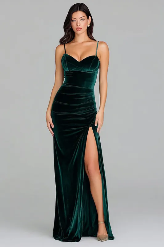 Dark Green Velvet Long Spaghetti Straps Formal Dress with Slit sold by Zapaka