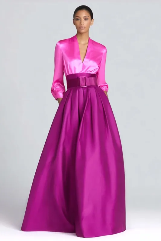 Fuchsia and Magenta Satin V-Neck A-Line Long Formal Dress with Sleeves sold by Zapaka