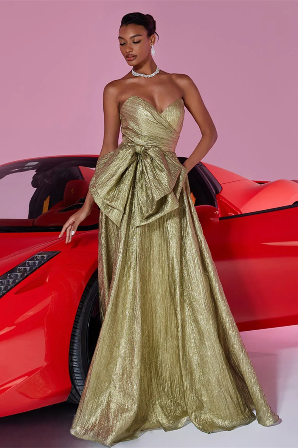 Golden Strapless A Line Prom Dress with Bow sold by Zapaka