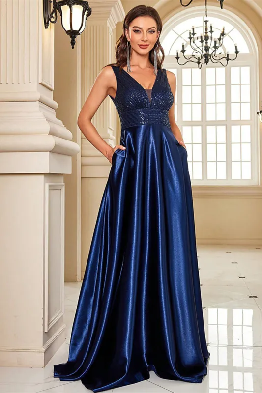Navy V-Neck A Line Prom Dress with Pockets sold by Zapaka
