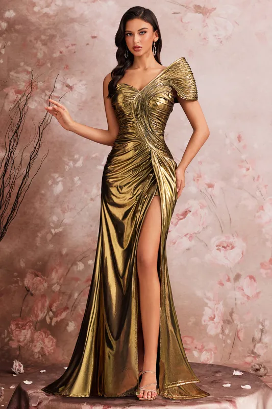One Shoulder Golden Mermaid Pleated Prom Dress sold by Zapaka
