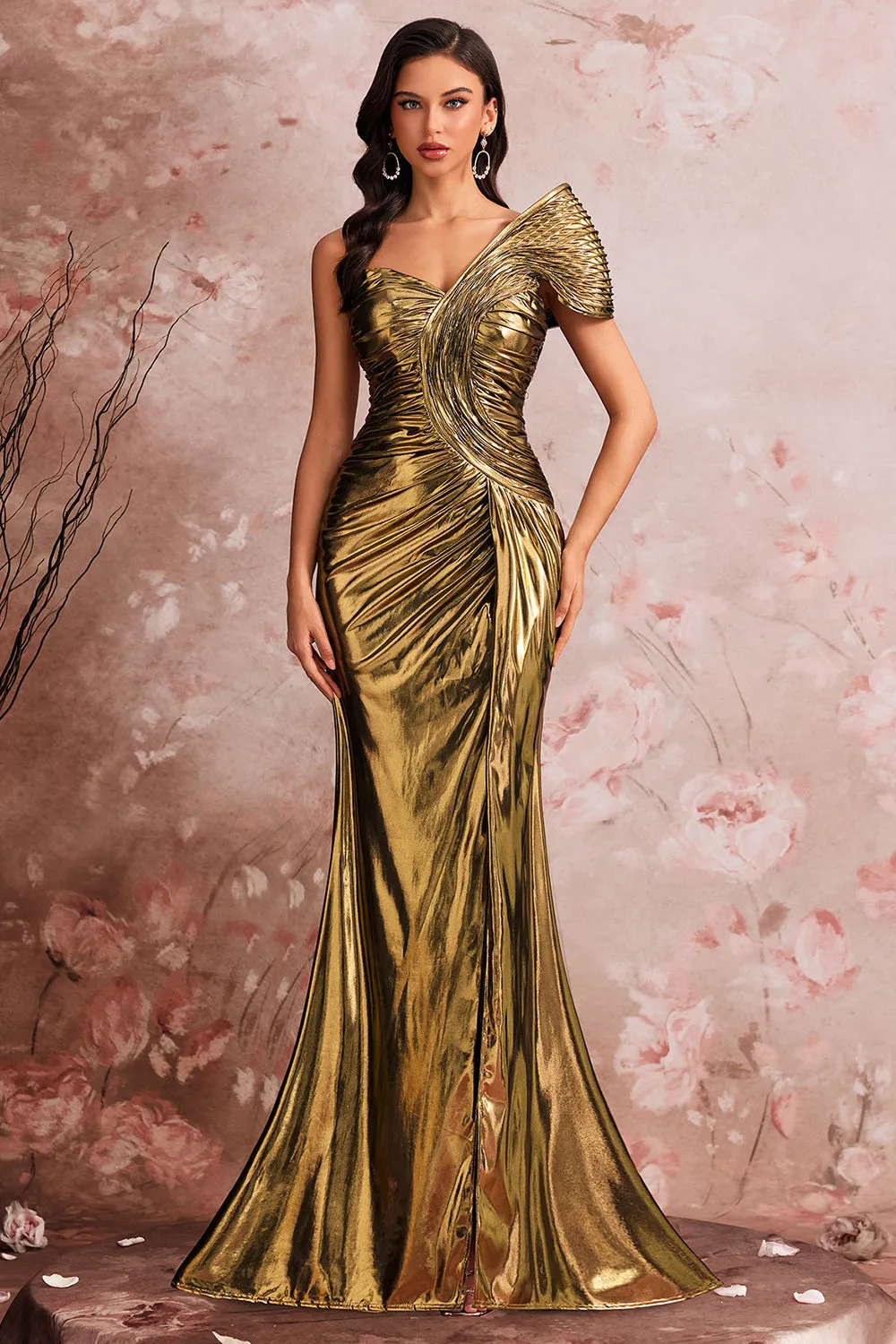 One Shoulder Golden Mermaid Pleated Prom Dress sold by Zapaka product image thumbnail 5