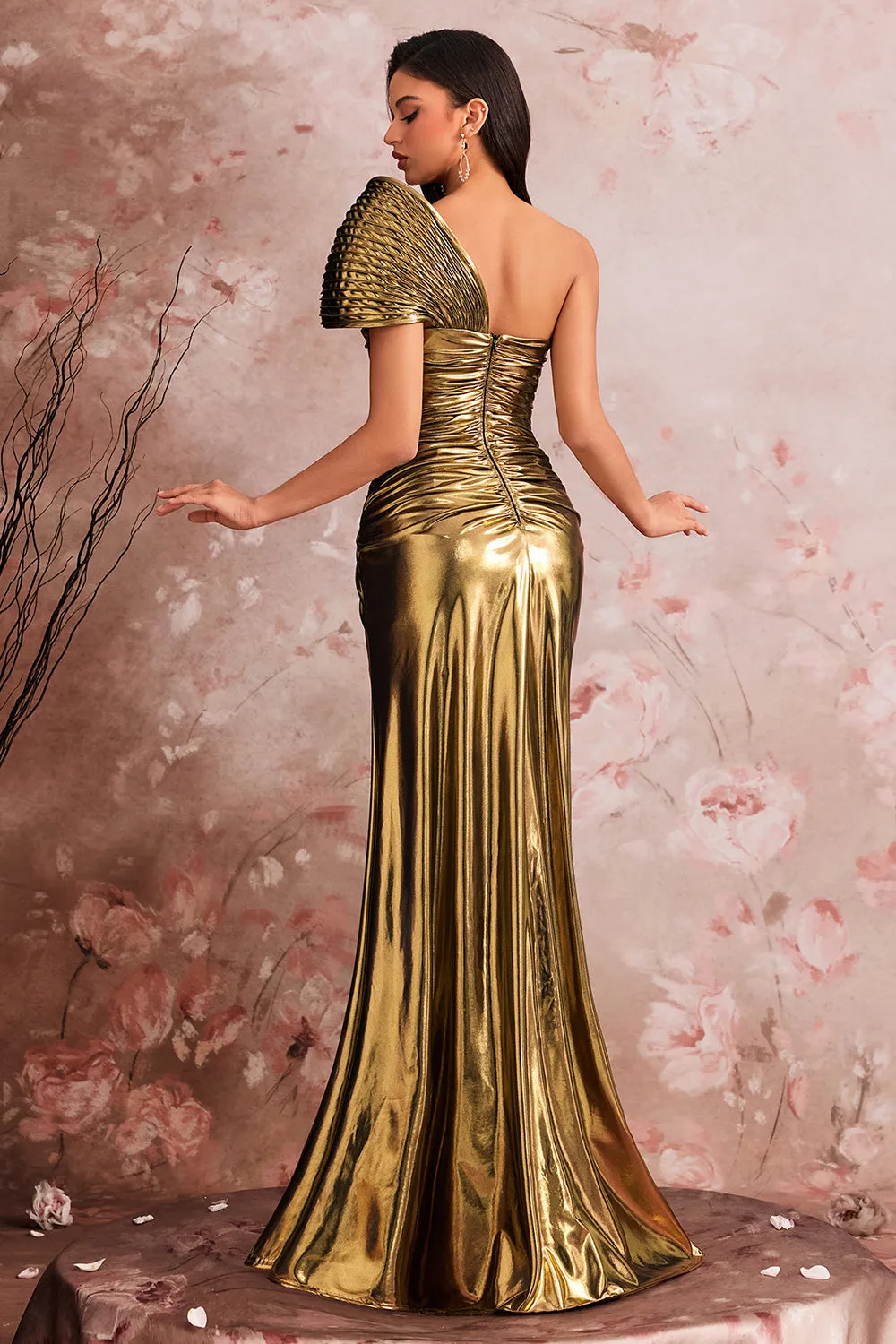 One Shoulder Golden Mermaid Pleated Prom Dress sold by Zapaka product image thumbnail 2