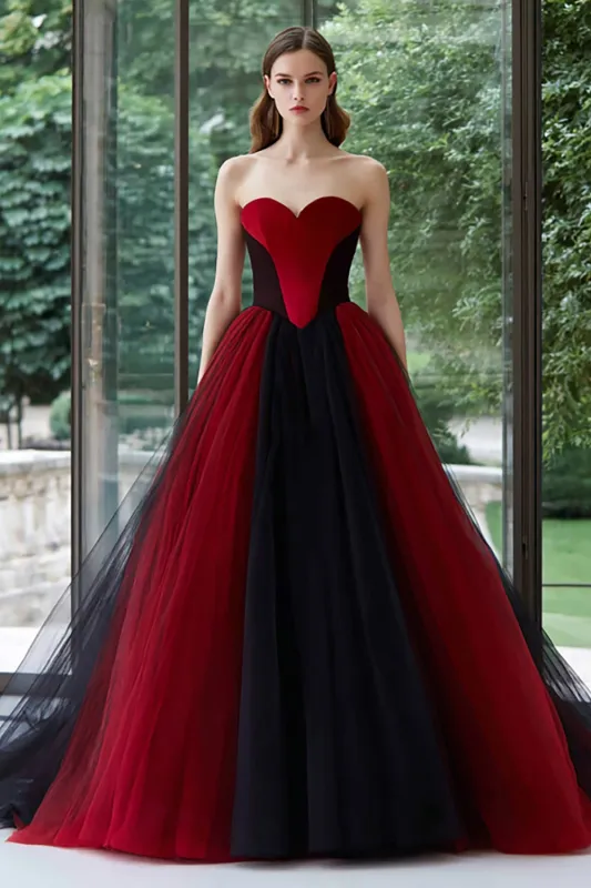 Black and Red Ball Gown Sweetheart Tulle Long Formal Dress sold by Zapaka