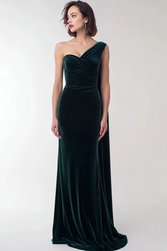 Dark Green One Shoulder Velvet Sheath Formal Dress sold by Zapaka