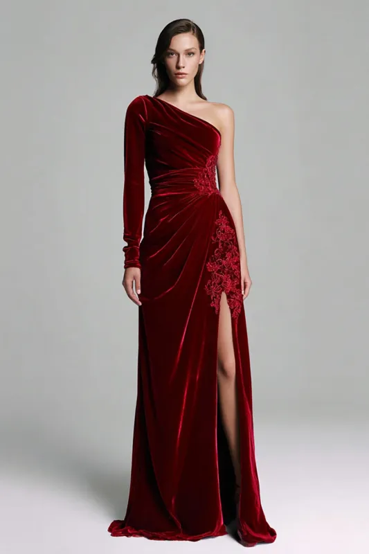 Burgundy Velvet One Shoulder Appliques Formal Dress sold by Zapaka
