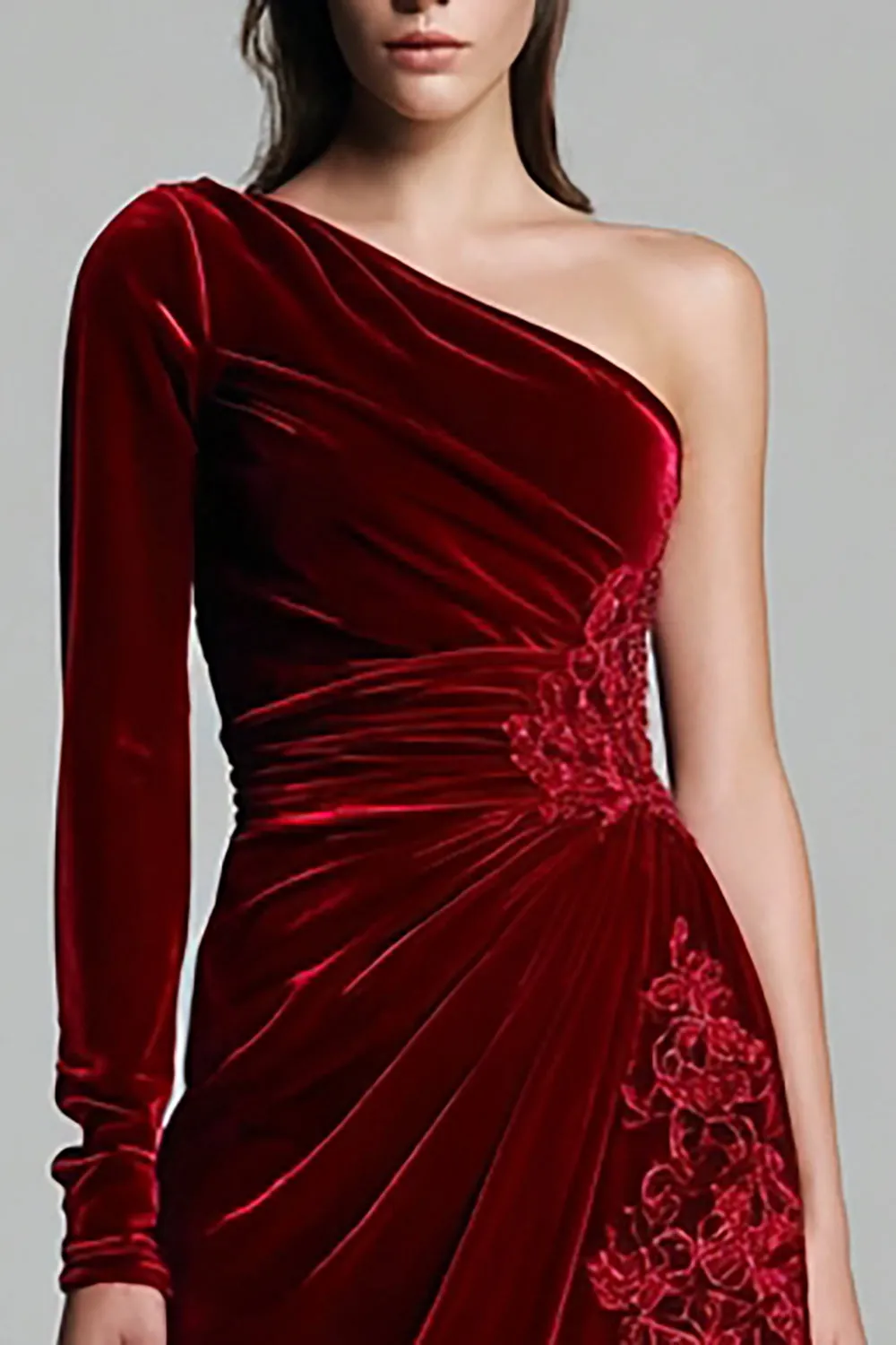 Burgundy Velvet One Shoulder Appliques Formal Dress sold by Zapaka product image thumbnail 2