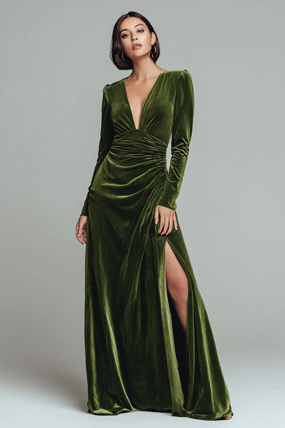 Olive V Neck Velvet Ruched Long Formal Dress with Slit sold by Zapaka