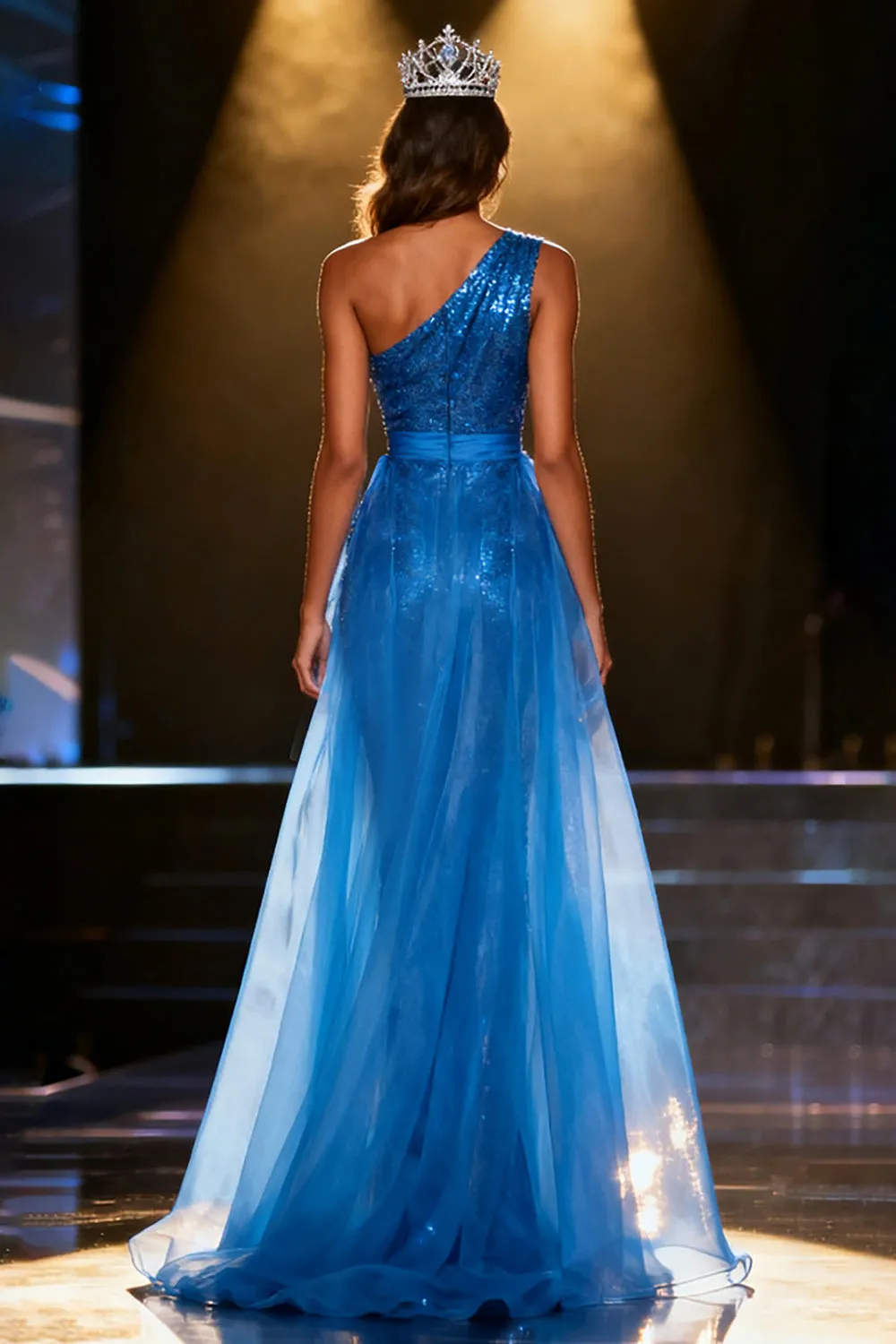 Sparkly Royal Blue Sequin Mermaid Long Pageant Dress with Cape sold by Zapaka product image thumbnail 2