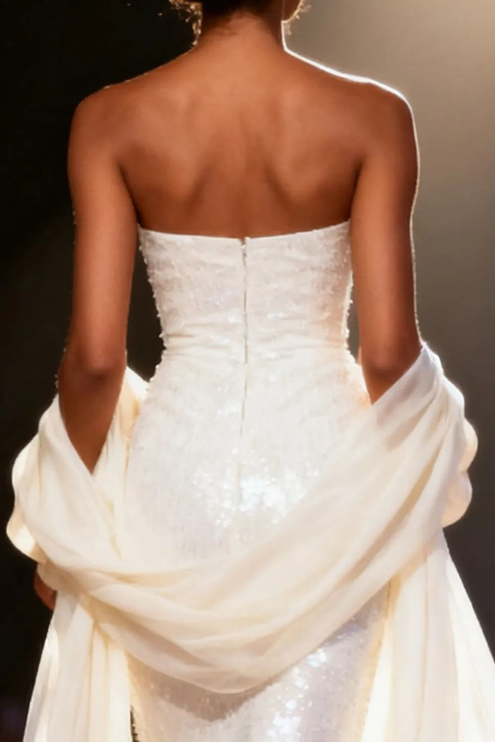 Sparkly White Sequin Mermaid Strapless Long Pageant Dress with Shawl sold by Zapaka product image thumbnail 4