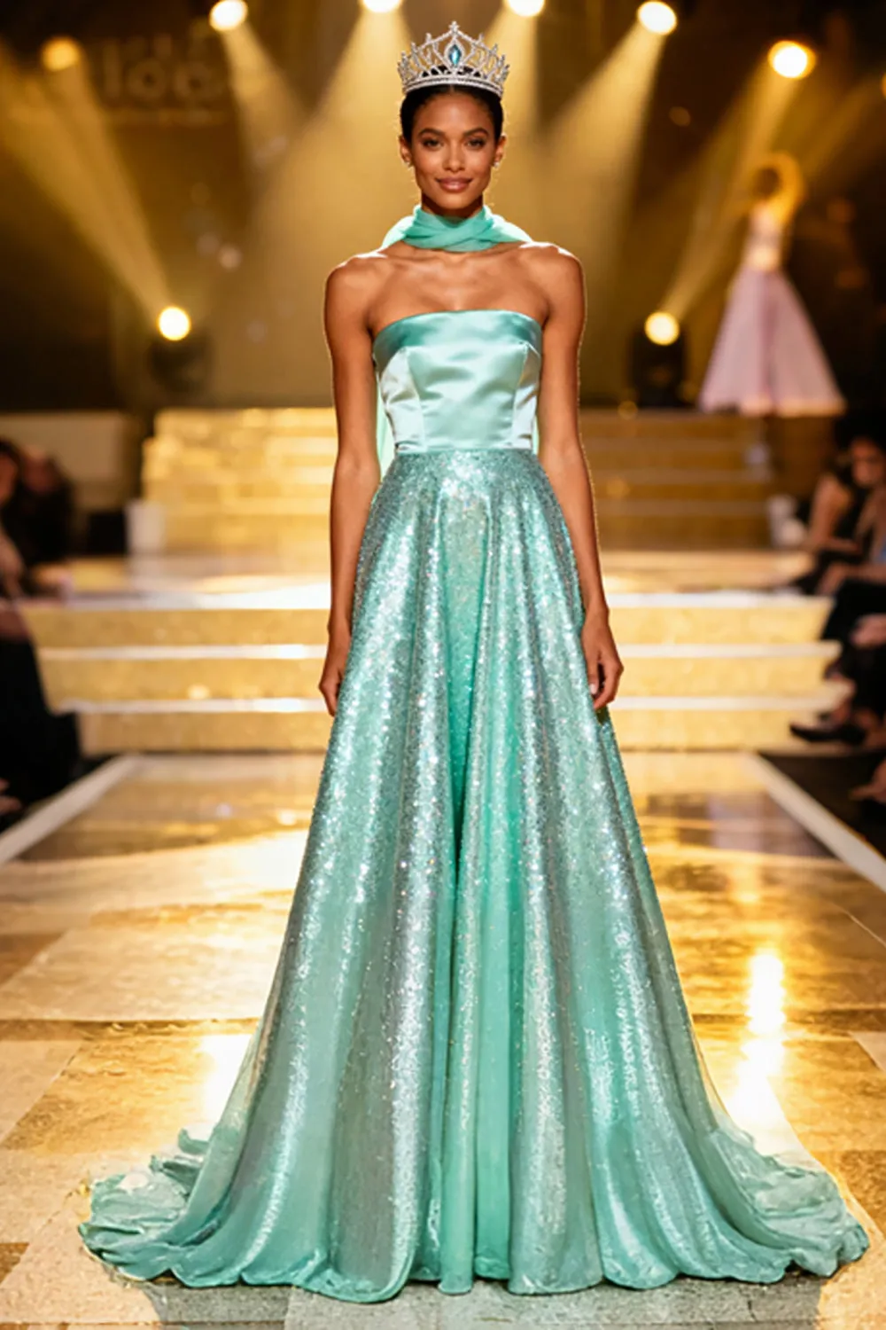 Sparkly Mint Green A Line Neck Scarf Sequin Long Pageant Dress sold by Zapaka