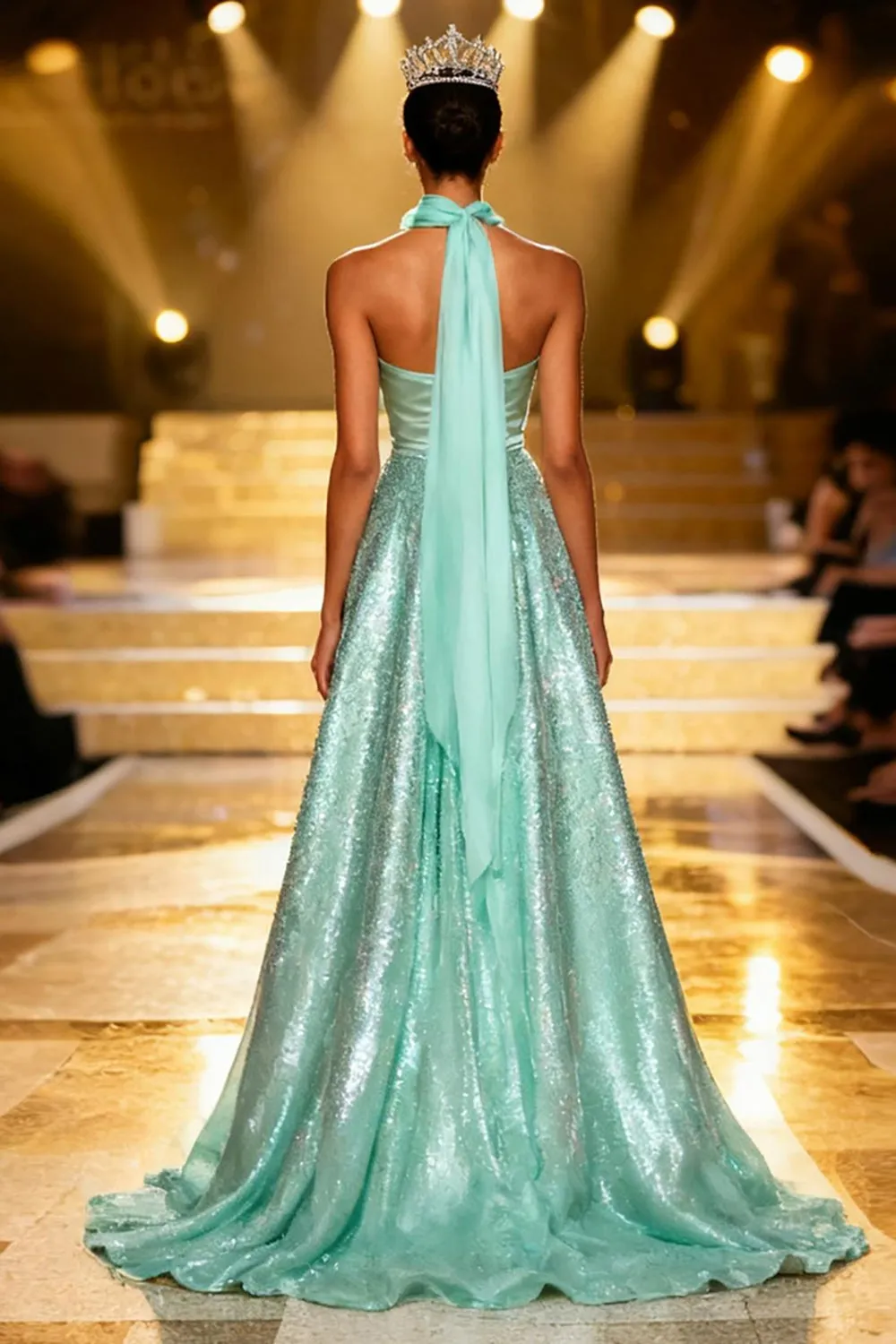 Sparkly Mint Green A Line Neck Scarf Sequin Long Pageant Dress sold by Zapaka product image thumbnail 2