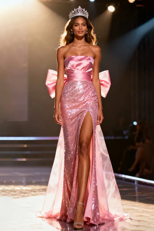 Sparkly Light Pink Sequin Strapless Long Pageant Dress with Slit sold by Zapaka