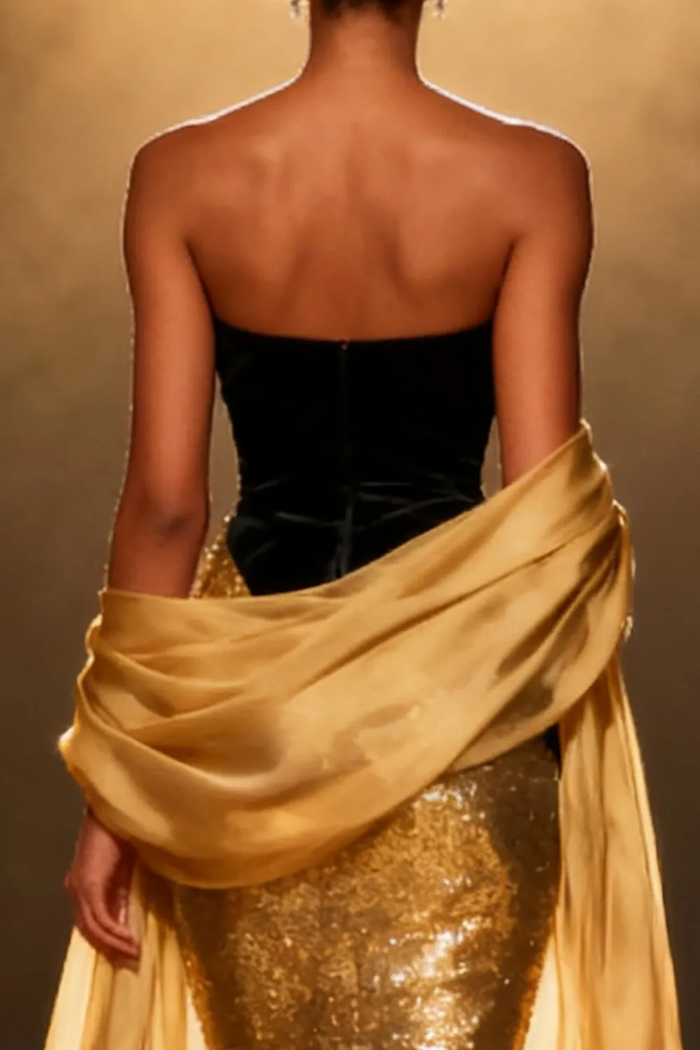 Sparkly Black and Gold Mermaid Sequin Long Pageant Dress with Shawl sold by Zapaka product image thumbnail 4