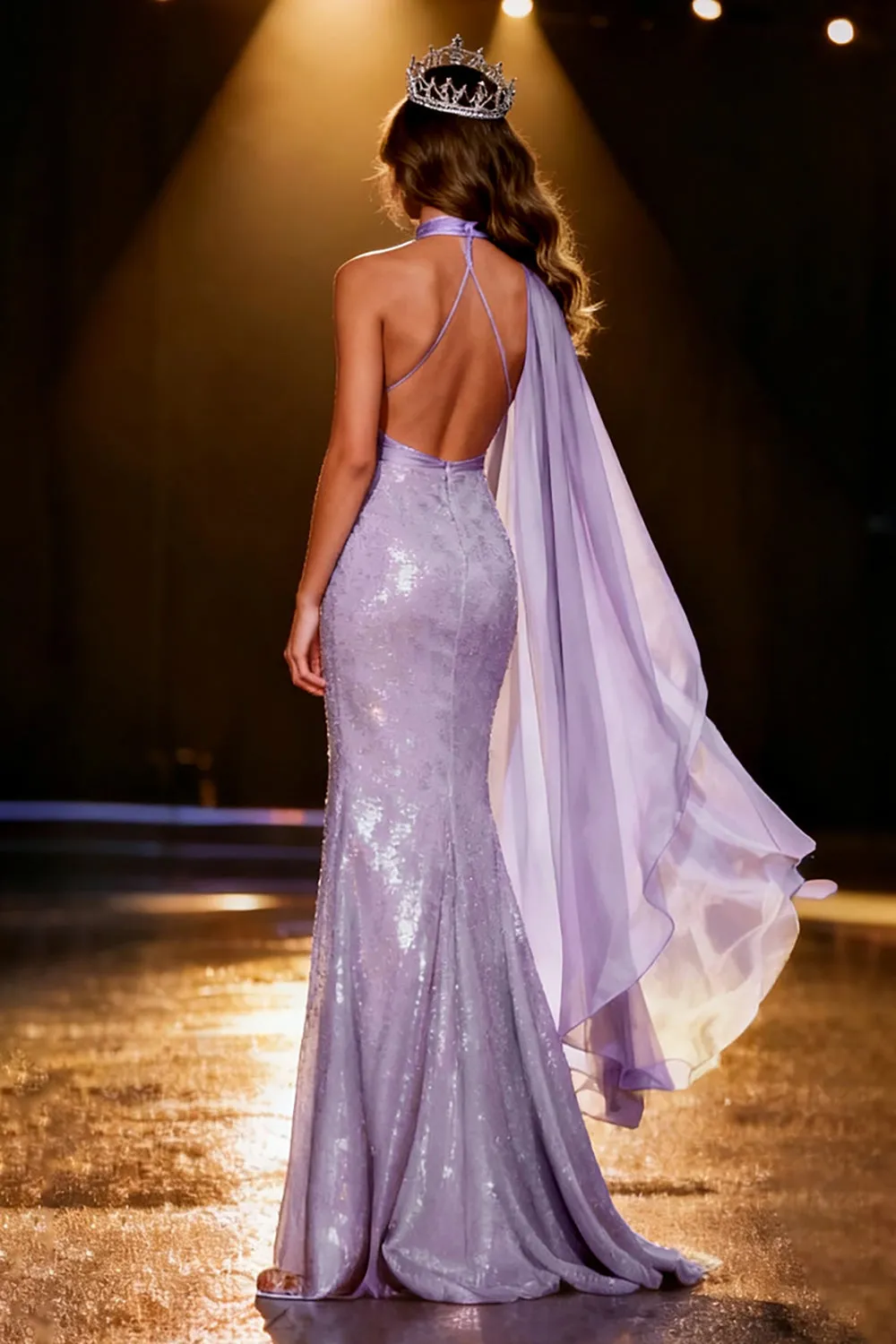 Light Purple Mermaid Halter Sequin Long Pageant Dress with Cape sold by Zapaka product image thumbnail 2