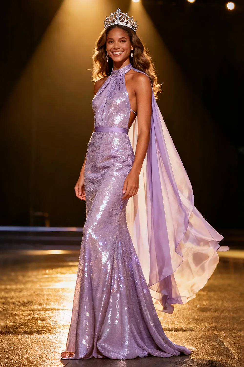 Light Purple Mermaid Halter Sequin Long Pageant Dress with Cape sold by Zapaka